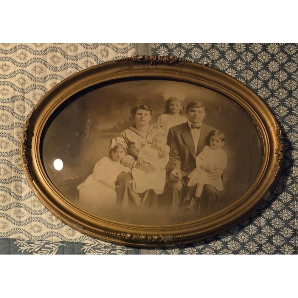 Antique Oval Bubble Convex Glass Framed Family Portrait 22"x16" Black & White